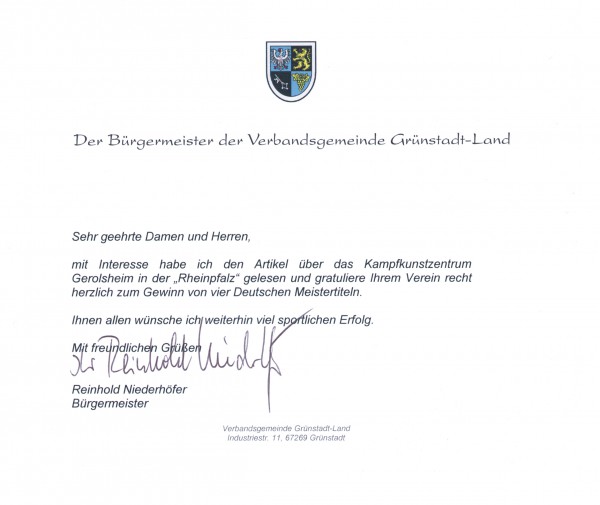 Anerkennung unserer Leistungen durch einen Vertreter der Verbandsgemeinde Grünstadt-Land